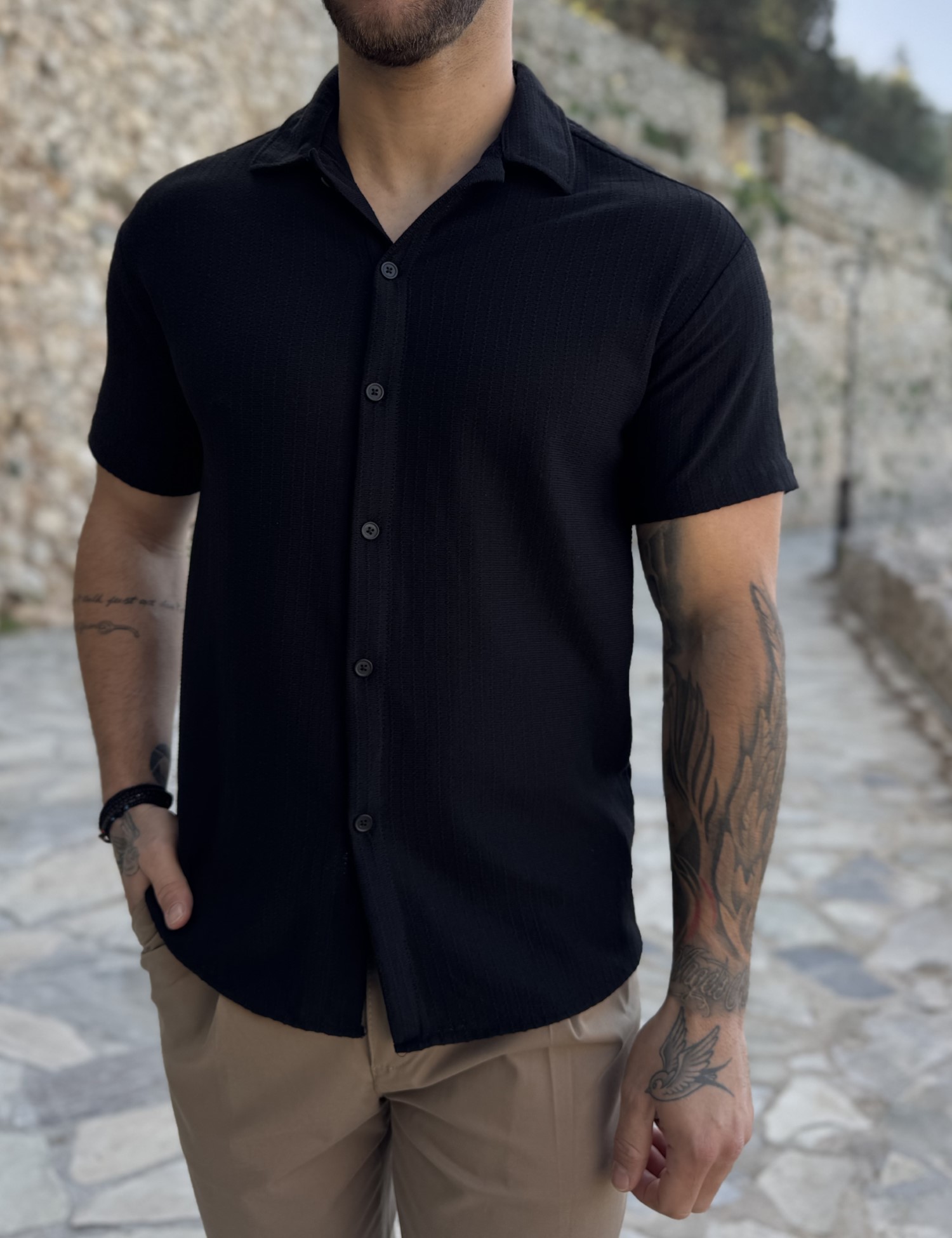 Ανδρικό μαύρο πλεκτό κοντομάνικο πουκάμισο RMZ19132M